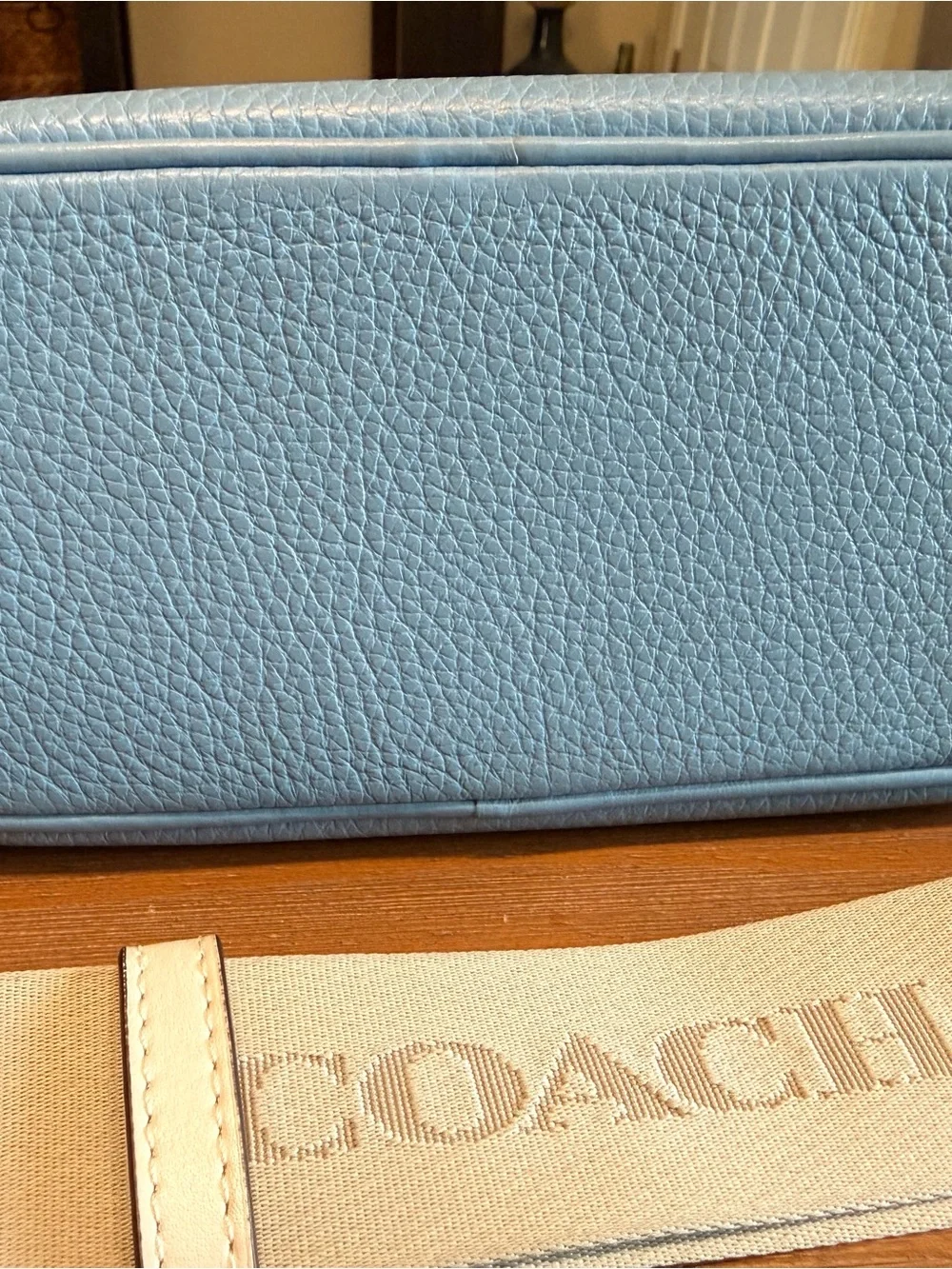 Coach Kailey Pebbled Leather Crossbody in Light Blue with Cream Strap